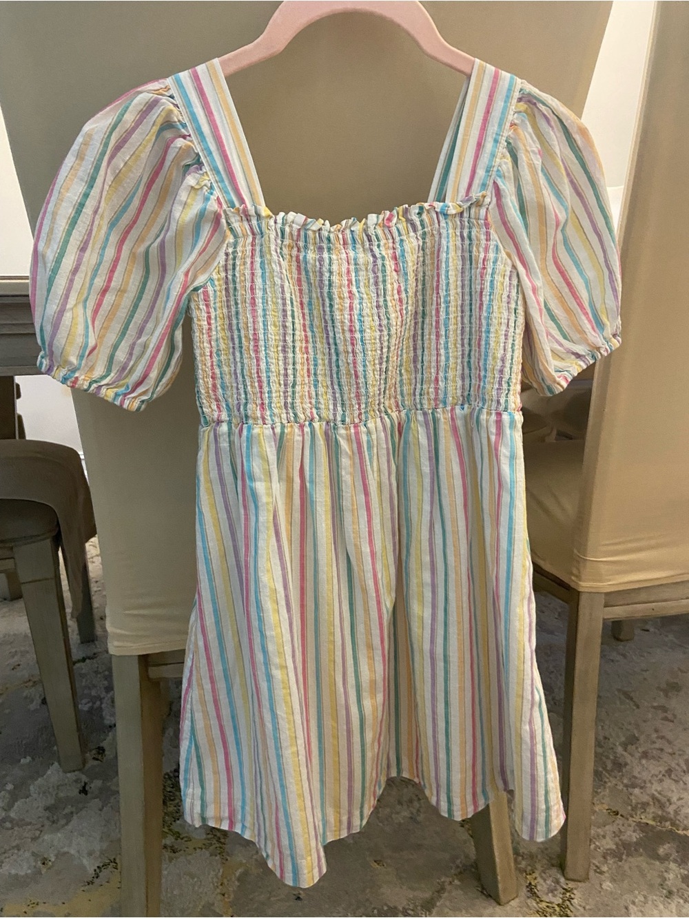 GAP Pastel Multi-Stripe Smocked Puff-Sleeve Dress